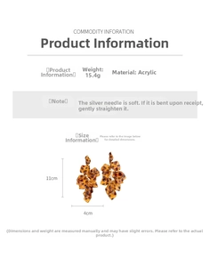 Detail view of leopard print petal tassel earrings with 11cm length and 15.4g weight specs