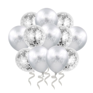 Set of 12 inch silver metallic and confetti Happy Birthday balloons with white ribbons