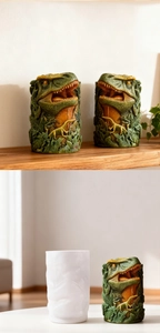Macro detail of T-Rex embossed candle mold showing realistic dinosaur texture and finish
