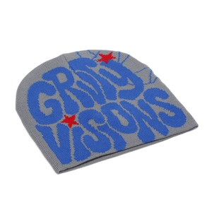 Detail of grey knitted beanie featuring blue Crily Visions lettering and red stars