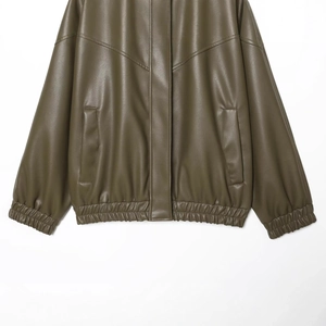 Olive green faux leather bomber jacket with stand collar and elastic cuffs on white background