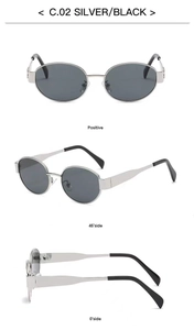 Multiple views of oval silver frame sunglasses with black lenses from different angles