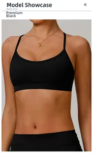 Detailed view of black sports bra with thin straps and U-neckline on model