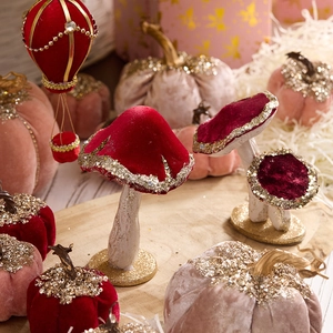 Luxury velvet mushroom and pumpkin Christmas ornaments with gold glitter and sequins