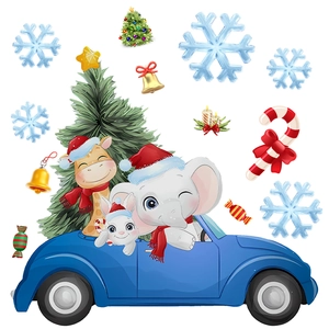 Detailed sheet of Christmas wall stickers featuring cartoon animals and holiday elements