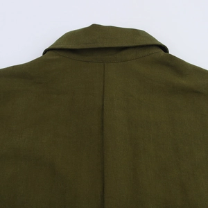 Detail of army green midi dress showing the back collar and vertical seam stitching