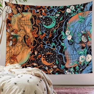 Psychedelic skull tapestry with moon and floral patterns for bohemian wall decoration