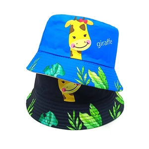 Blue and black children's sun hats with cute giraffe print and tropical leaf patterns
