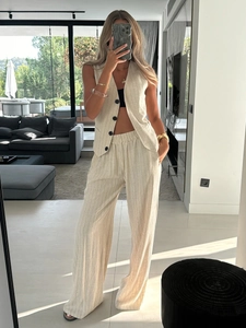 Women striped vest and wide-leg trousers set in cream white linen-blend fabric