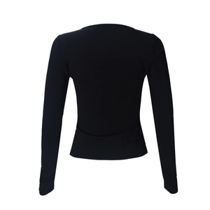 Back view detail of a slim fit black long sleeve top showing smooth knit fabric texture