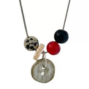 Vintage dalmatian stone beaded necklace with button pendant and silver snake chain