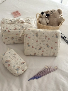 Three-piece quilted cosmetic bag set with blue bunny print and heart patterns