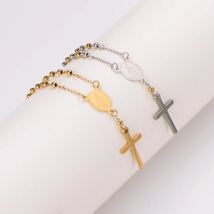 Religious stainless steel bead bracelets with cross and Virgin Mary oval pendants