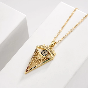 Detailed view of evil eye triangle pendant with multicolored cubic zirconia crystals