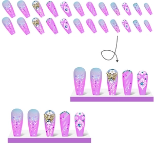 24pcs purple blue gradient press-on nails with 3D butterflies and floral patterns