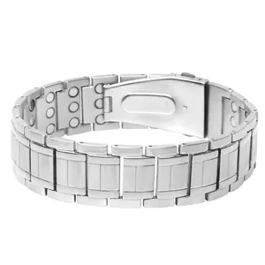 Detail view of silver magnetic therapy bracelet with brushed stainless steel and magnets