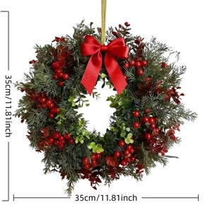 Detail showing Christmas wreath with red berries, leaves, and 35cm diameter dimensions