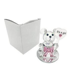 Cute transparent crystal bear figurine with pink bow and It's a girl heart sign for baby gifts