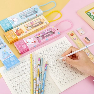 Cute 5-in-1 school stationery set with HB pencils, eraser, sharpener, and ruler for kids
