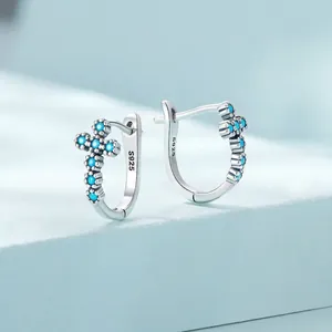 Minimalist S925 sterling silver cross hoop earrings with inlaid blue turquoise stones