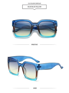 Detailed front and side view of square oversized sunglasses in blue-yellow gradient finish
