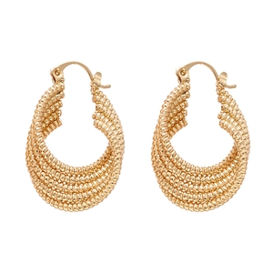 Golden multi-layer U-shaped hoop earrings with beaded texture and latch-back closure