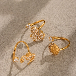 18k gold plated stainless steel adjustable ocean rings with octopus seahorse and shell