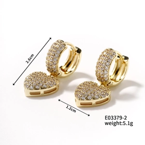 Detail showing dimensions of gold plated heart earrings with pavé set white cubic zirconia