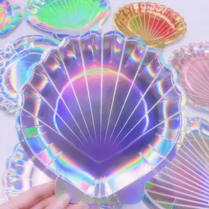 Iridescent laser shell shaped paper plate set for festive party and table decoration