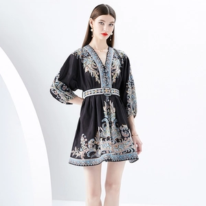 Retro paisley print V-neck mini dress with lantern sleeves and a matching waist belt