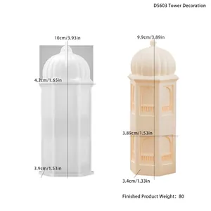 Detail view of tower-shaped silicone mold with its finished resin product and dimensions