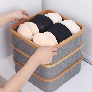 Stackable grey oxford fabric storage bins with bamboo rim for bra and sock organization