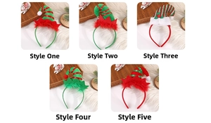 Detailed grid showing five styles of festive Christmas elf hat headbands with bells and fur