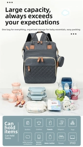 Detail view of large capacity grey diaper backpack with quilted pattern and many pockets