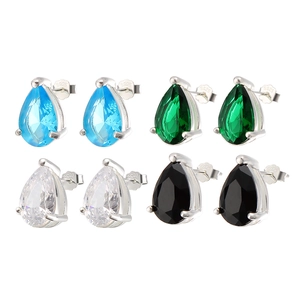 925 sterling silver pear cut stud earrings set in blue, green, white and black colors