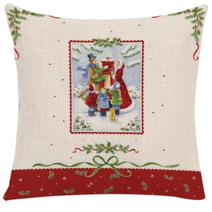 Detail view of linen Christmas pillow cover with family scene and festive holly patterns