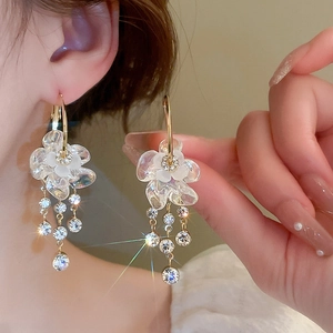 Close-up of long gold fringe earrings with crystal petals and rhinestone tassels on model