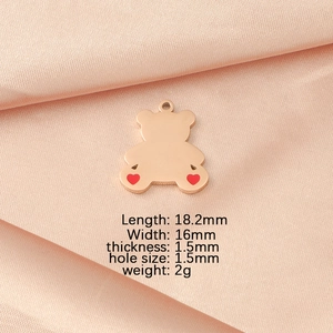Rose gold bear charm with red hearts showing precise dimensions of 18.2mm by 16mm