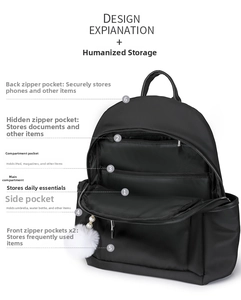 Black travel backpack details showing anti-theft back pocket and multi-compartment interior