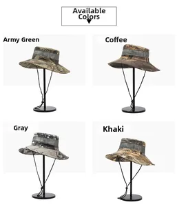 Macro detail of breathable outdoor fishing hats in four camo colors with windproof chin cords