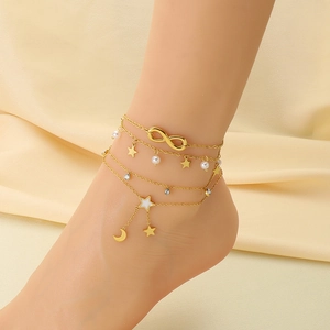Bracelet de cheville multicouche en acier 18K avec pendentifs étoile et lune
