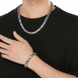 Polished silver stainless steel hip hop chain necklace and bracelet set for men