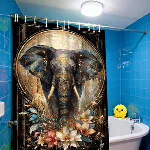 Close-up of elephant mandala pattern bath curtain in a modern bathroom setting