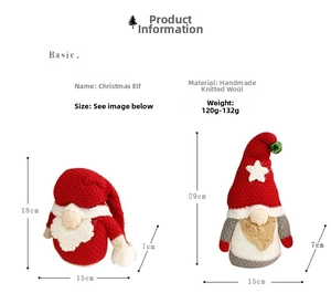 Detailed size specifications for hand-knitted Christmas gnome ornaments in red and grey