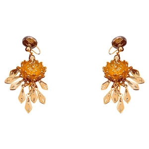 Gold plated lotus flower leaf tassel clip-on earrings with elegant vintage Chinese style