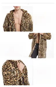 Detail of faux fur men's leopard print coat showing thick plush texture and wide lapels