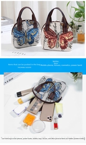 Ethnic style shell handbag with butterfly pattern showing interior storage capacity