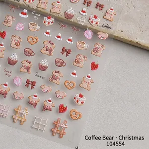 3D embossed coffee bear nail stickers with strawberry dessert patterns and bows