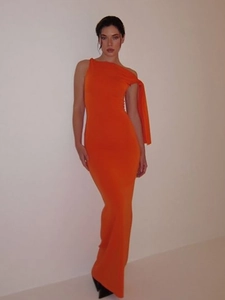 Elegant orange one-shoulder maxi dress with a slim fit and floor-length skirt for women