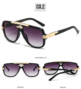 Multi-angle views of square frame sunglasses with purple gradient lenses and gold accents